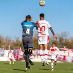 Soccer players in uniforms jumping to head the ball during an outdoor match on a sunny day.